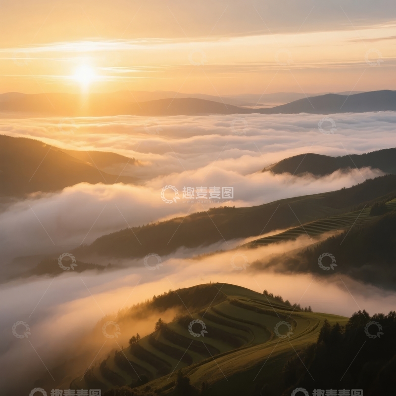 高清大图下载【趣麦麦图】日出时分云海环绕的梯田山景