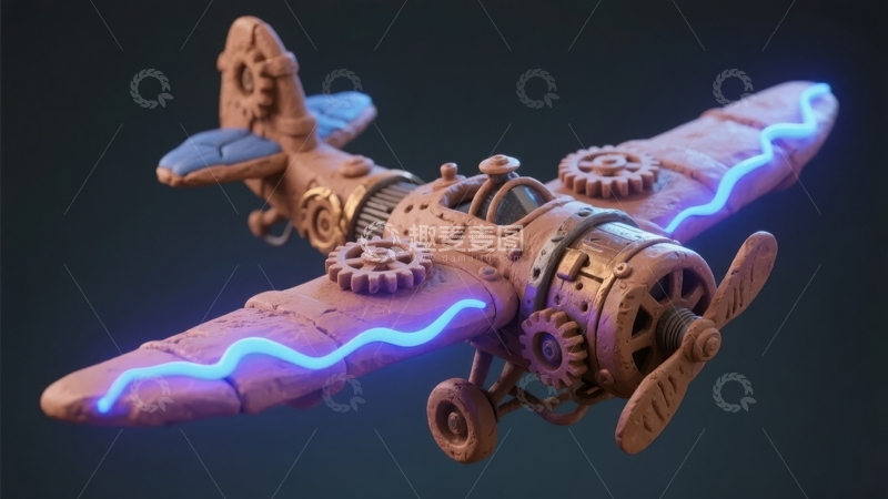 高清大图下载【趣麦麦图】蒸汽朋克风格飞行器带有蓝色霓虹灯光效