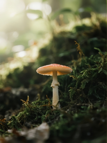 森林苔藓中一朵橙色蘑菇的特写