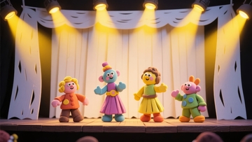 五个色彩鲜艳的玩偶在舞台上表演