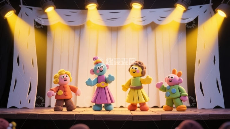 高清大图下载【趣麦麦图】五个色彩鲜艳的玩偶在舞台上表演