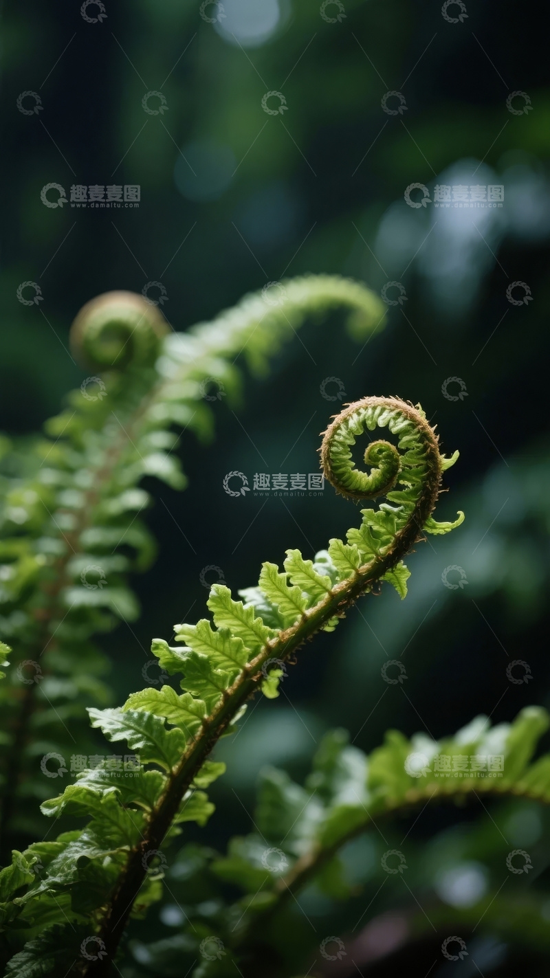 高清大图下载【趣麦麦图】翠绿蕨叶在幽暗森林中卷曲生长