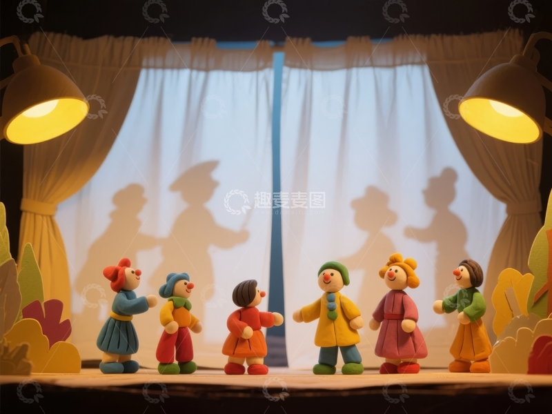 高清大图下载【趣麦麦图】木偶舞台表演场景灯光照亮幕布后影子