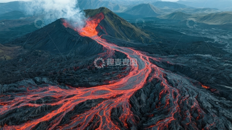 高清大图下载【趣麦麦图】-火山喷发岩浆流淌壮观自然景象