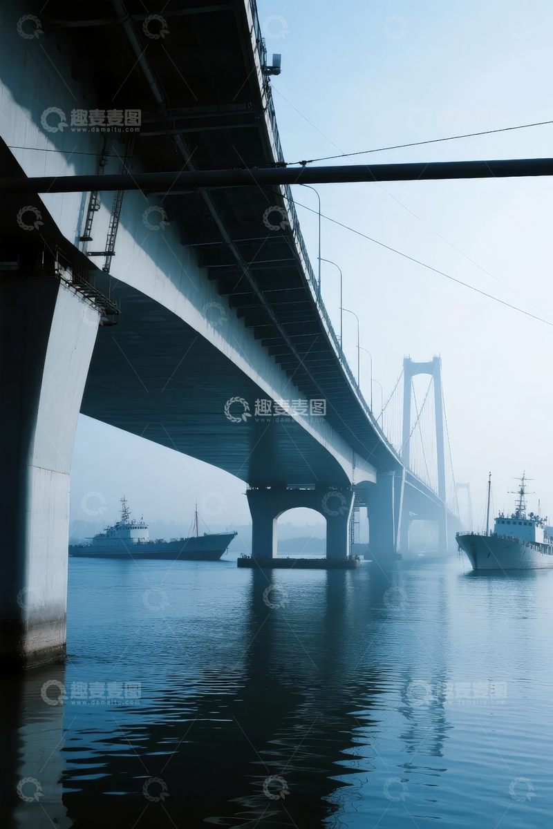 高清大图下载【趣麦麦图】桥梁横跨水面军舰停泊的宁静景象