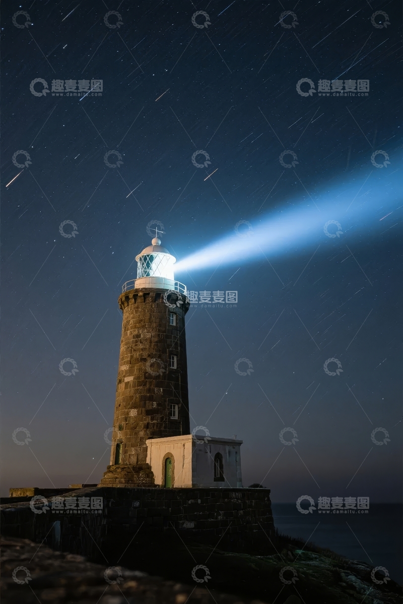 高清大图下载【趣麦麦图】灯塔在夜空下发光照亮海面