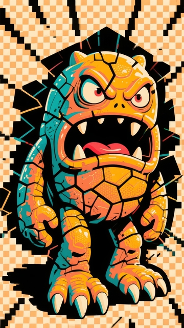 像素风格破碎怪物张嘴咆哮的艺术插画