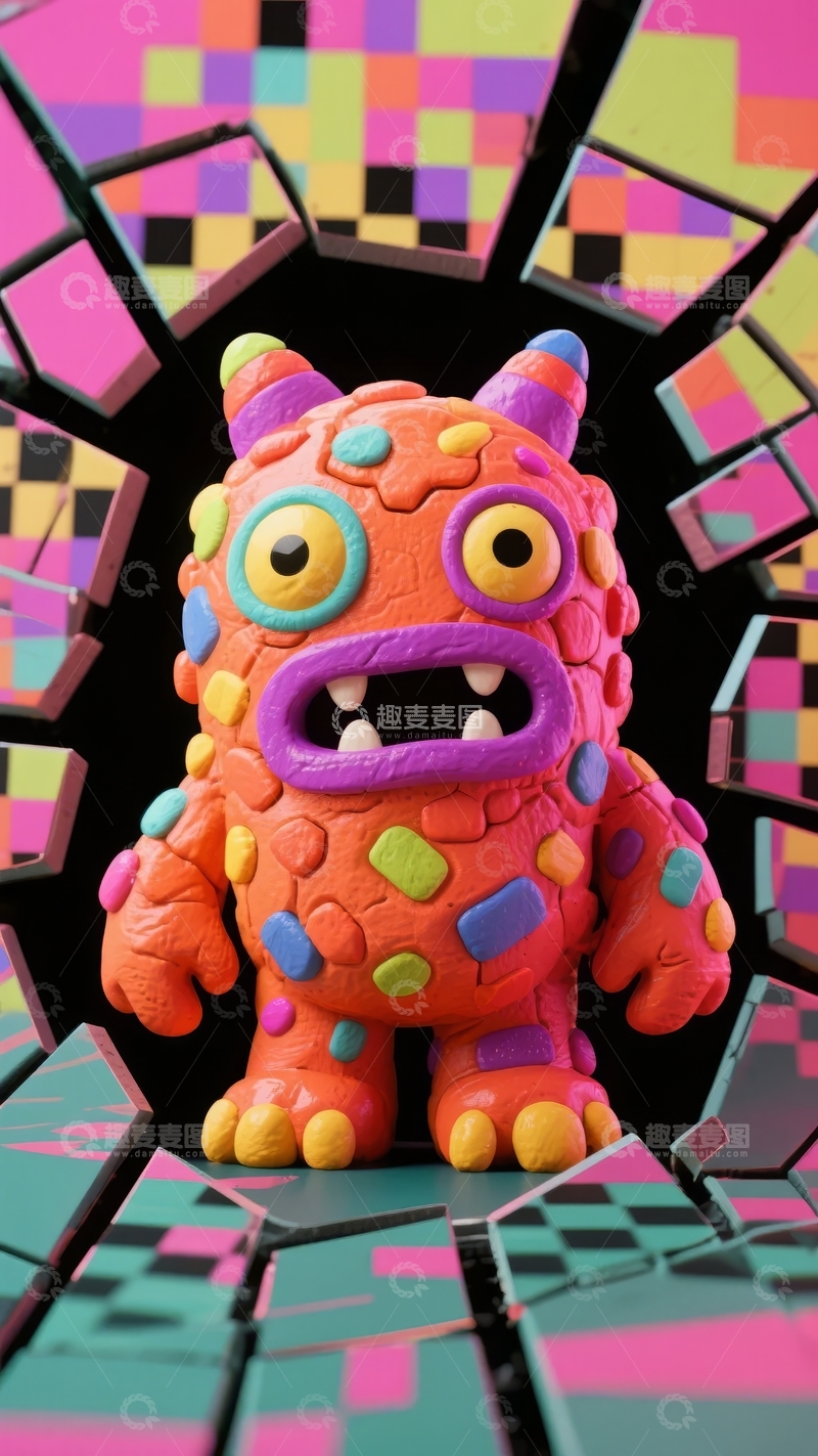 高清大图下载【趣麦麦图】色彩斑斓的卡通怪兽雕塑置身于像素风格背景之中