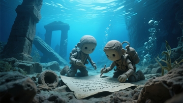 海底遗迹中两个小人研究古老卷轴的奇幻场景