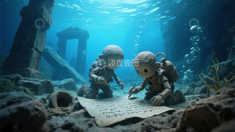 高清大图下载【趣麦麦图】-海底遗迹中两个小人研究古老卷轴的奇幻场景