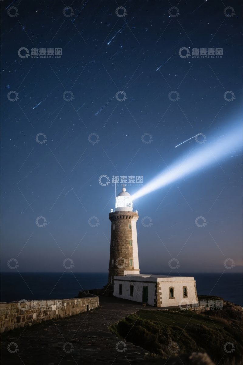高清大图下载【趣麦麦图】夜空下灯塔照亮海岸流星划过