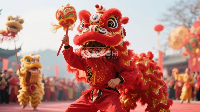 高清大图下载【趣麦麦图】舞狮表演在节日庆典中热闹进行