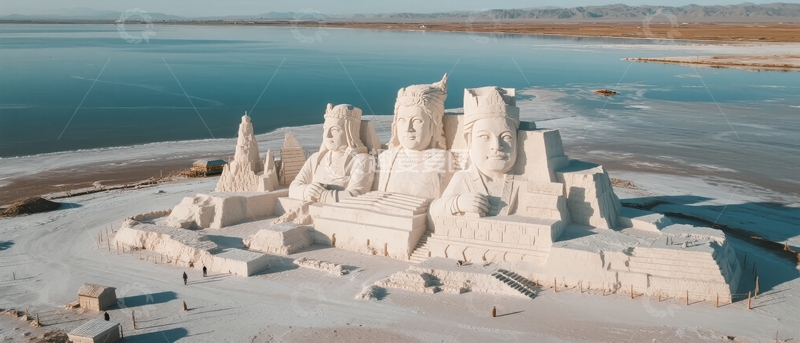 高清大图下载【趣麦麦图】沙漠盐湖旁的巨大白色雕塑群