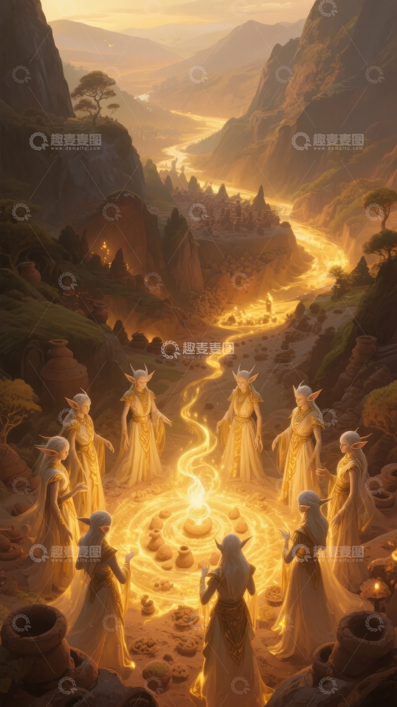 高清大图下载【趣麦麦图】神秘光芒中一群精灵在山谷间举行仪式