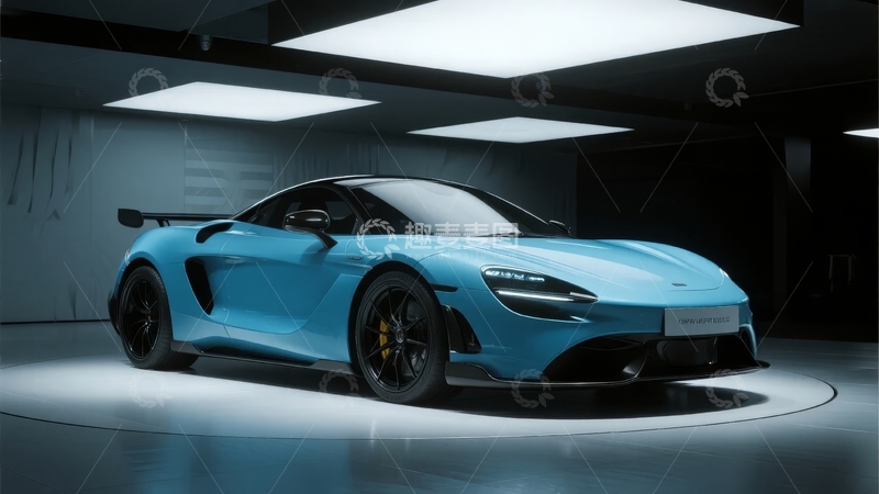 高清大图下载【趣麦麦图】蓝色跑车在灯光照射的室内展示