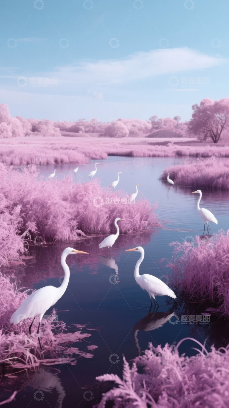 高清大图下载【趣麦麦图】粉色滤镜下的湿地中白鹭悠然栖息