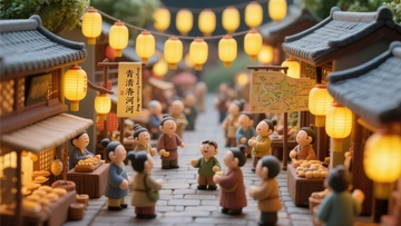 微型古街夜景模型挂满灯笼行人熙攘