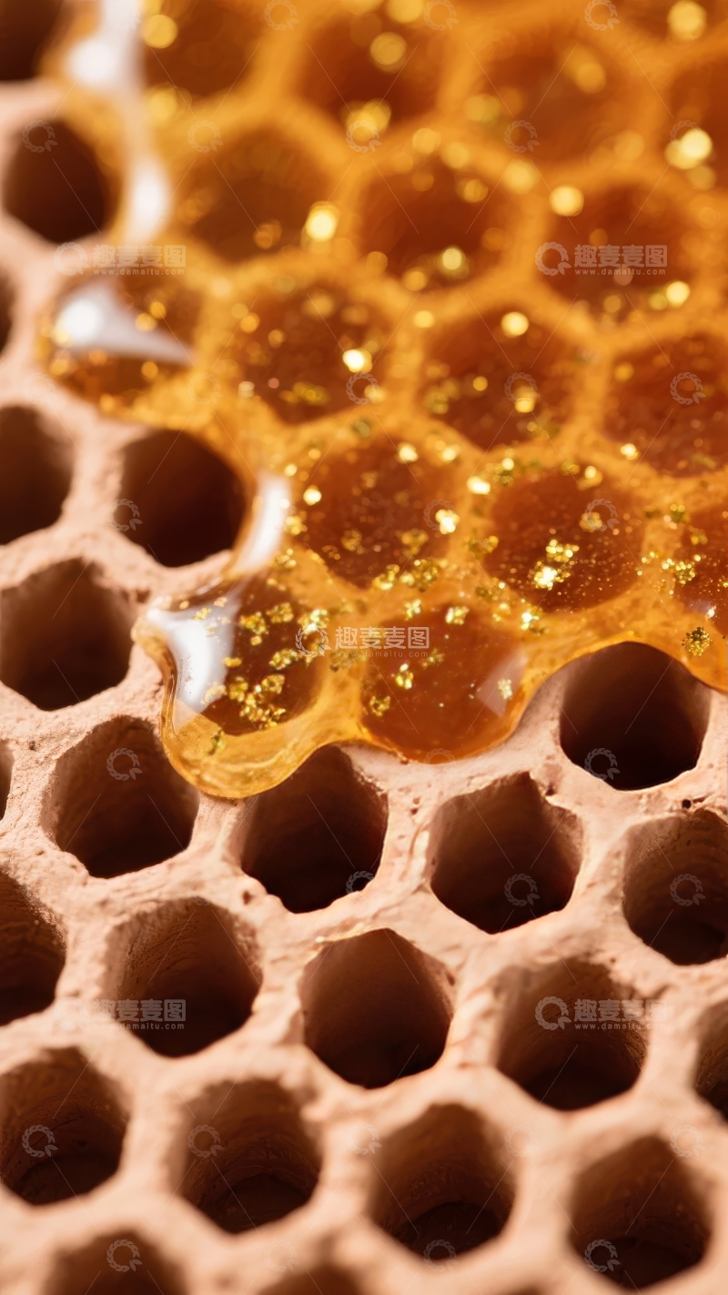 高清大图下载【趣麦麦图】蜂巢中金黄色蜂蜜的特写镜头