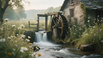 古老水车旁的溪流与石屋在花丛中