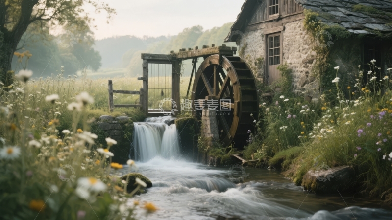 高清大图下载【趣麦麦图】古老水车旁的溪流与石屋在花丛中