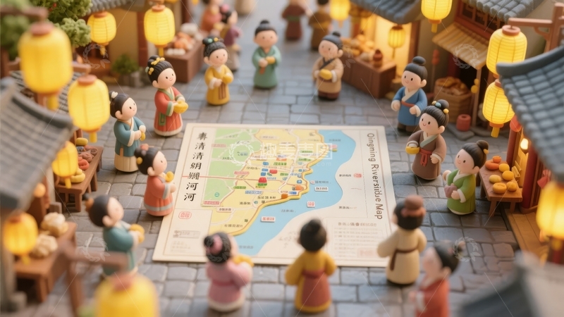 高清大图下载【趣麦麦图】微型人物围绕地图展示古代街景与河运文化