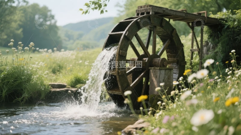高清大图下载【趣麦麦图】木制水车在溪流中运转周围开满野花