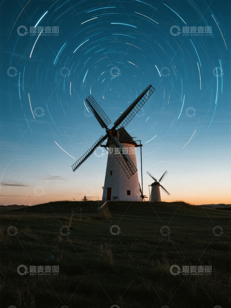 高清大图下载【趣麦麦图】夜空下风车旋转轨迹与星空美景