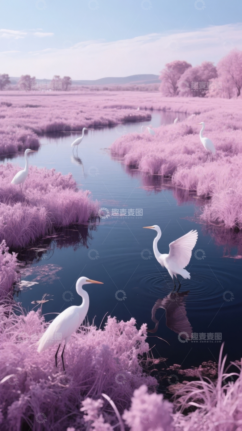 高清大图下载【趣麦麦图】粉色滤镜下的湿地风光白鹭翩翩起舞
