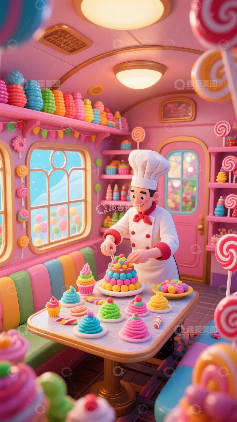 高清大图下载【趣麦麦图】色彩缤纷的糖果店内厨师正在装饰甜点