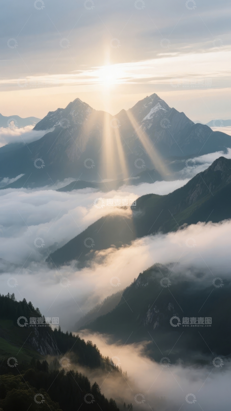 高清大图下载【趣麦麦图】日出时分云海之上群山峻岭壮丽景象
