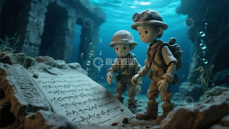 高清大图下载【趣麦麦图】水下探险者发现古老石碑上的神秘文字