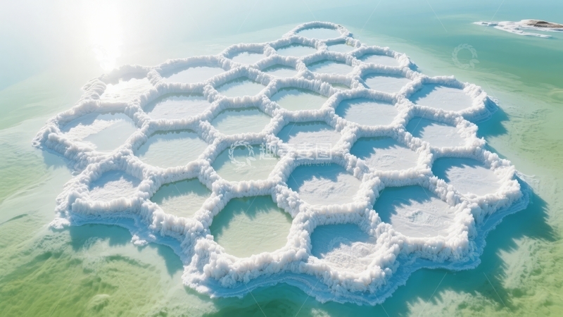 高清大图下载【趣麦麦图】高空俯瞰盐田六边形结晶图案与碧绿海水对比