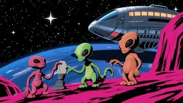 三只外星人站在星球表面旁边有宇宙飞船