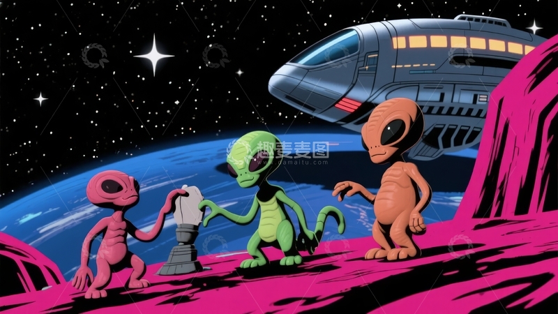 高清大图下载【趣麦麦图】三只外星人站在星球表面旁边有宇宙飞船