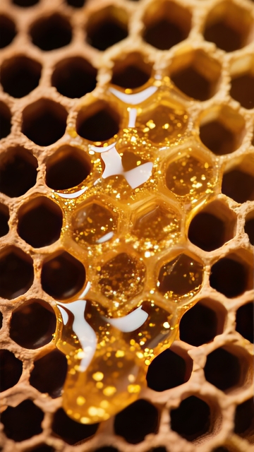 蜂巢中金黄色蜂蜜流淌的特写镜头