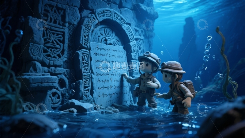 高清大图下载【趣麦麦图】水下探险者在古老石碑前研究神秘文字