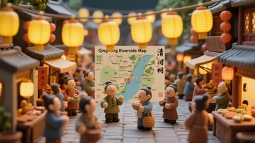 微型古镇街景模型展示热闹市集与地图标识