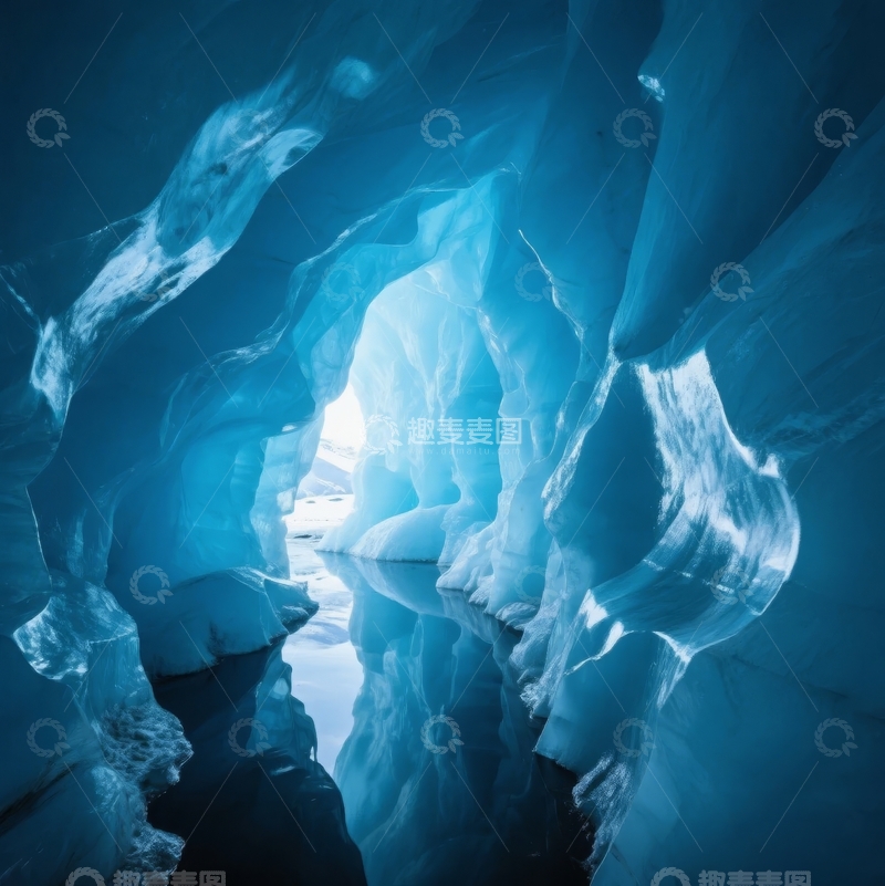 高清大图下载【趣麦麦图】冰洞内部蓝色冰层与水面倒影的奇幻景象