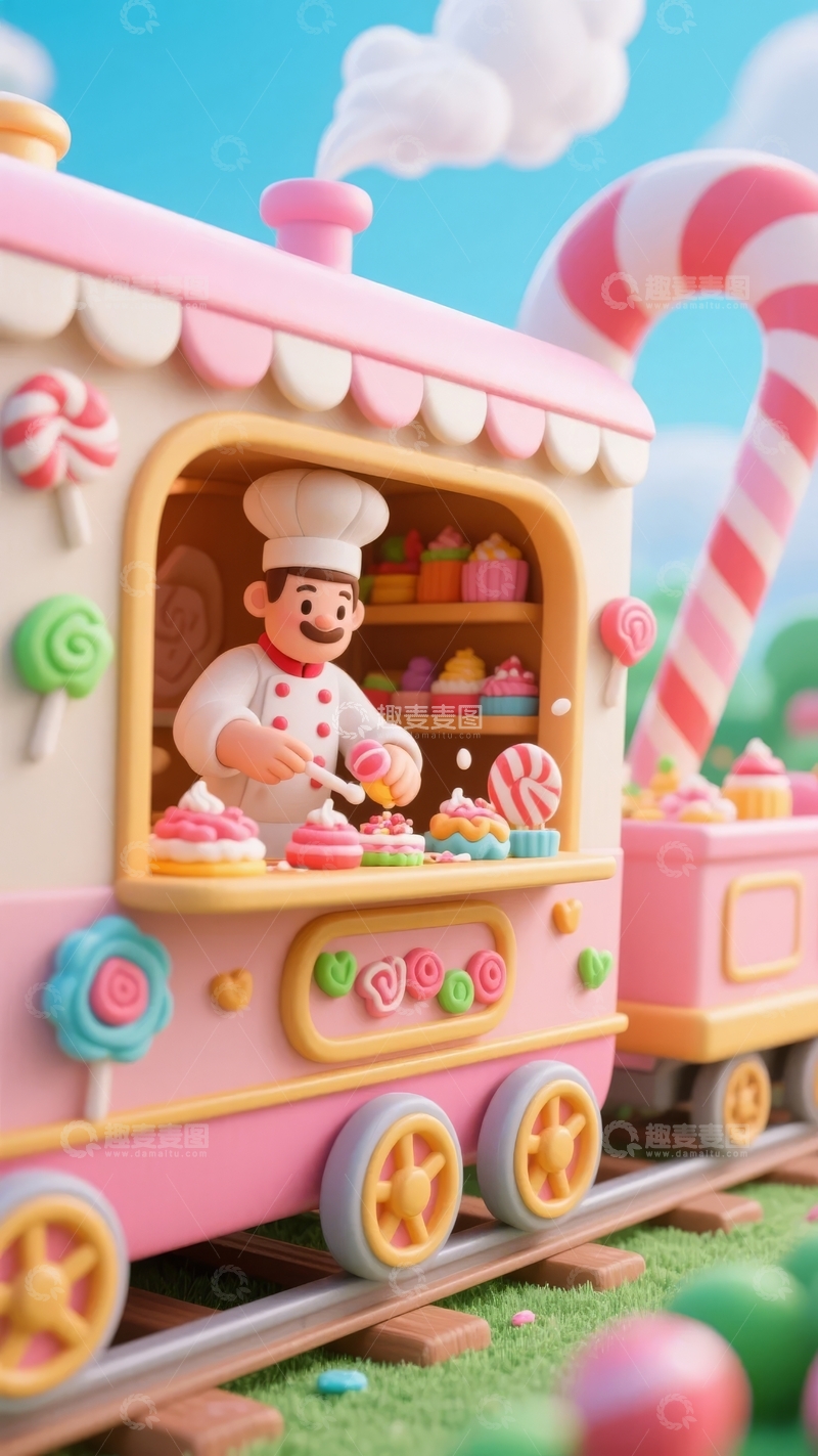 高清大图下载【趣麦麦图】粉色火车餐车上的卡通厨师正在制作甜点