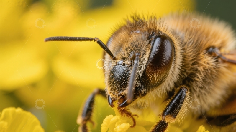 高清大图下载【趣麦麦图】蜜蜂特写镜头聚焦于黄色花朵上的细节