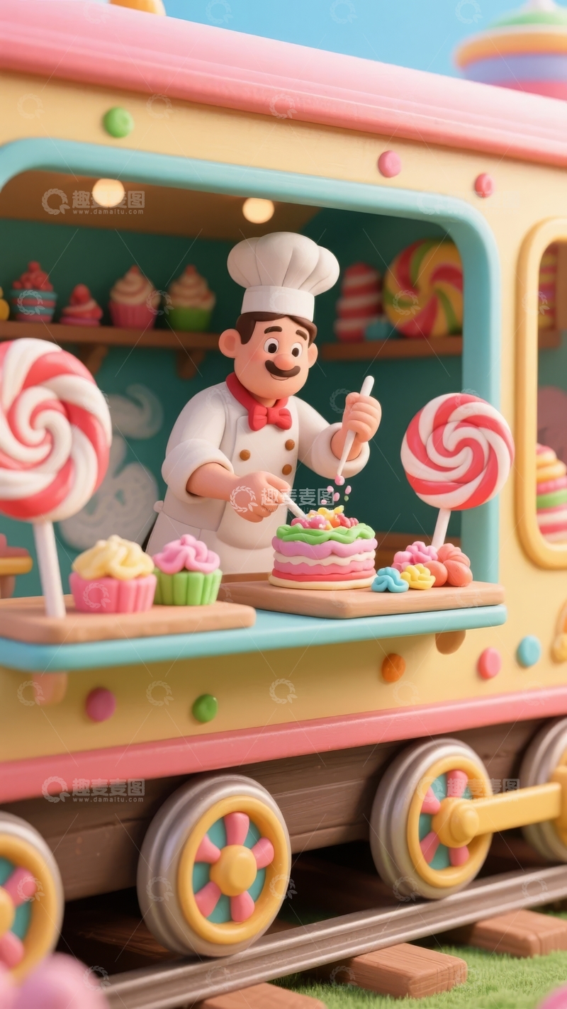 高清大图下载【趣麦麦图】卡通厨师在糖果主题餐车上装饰蛋糕