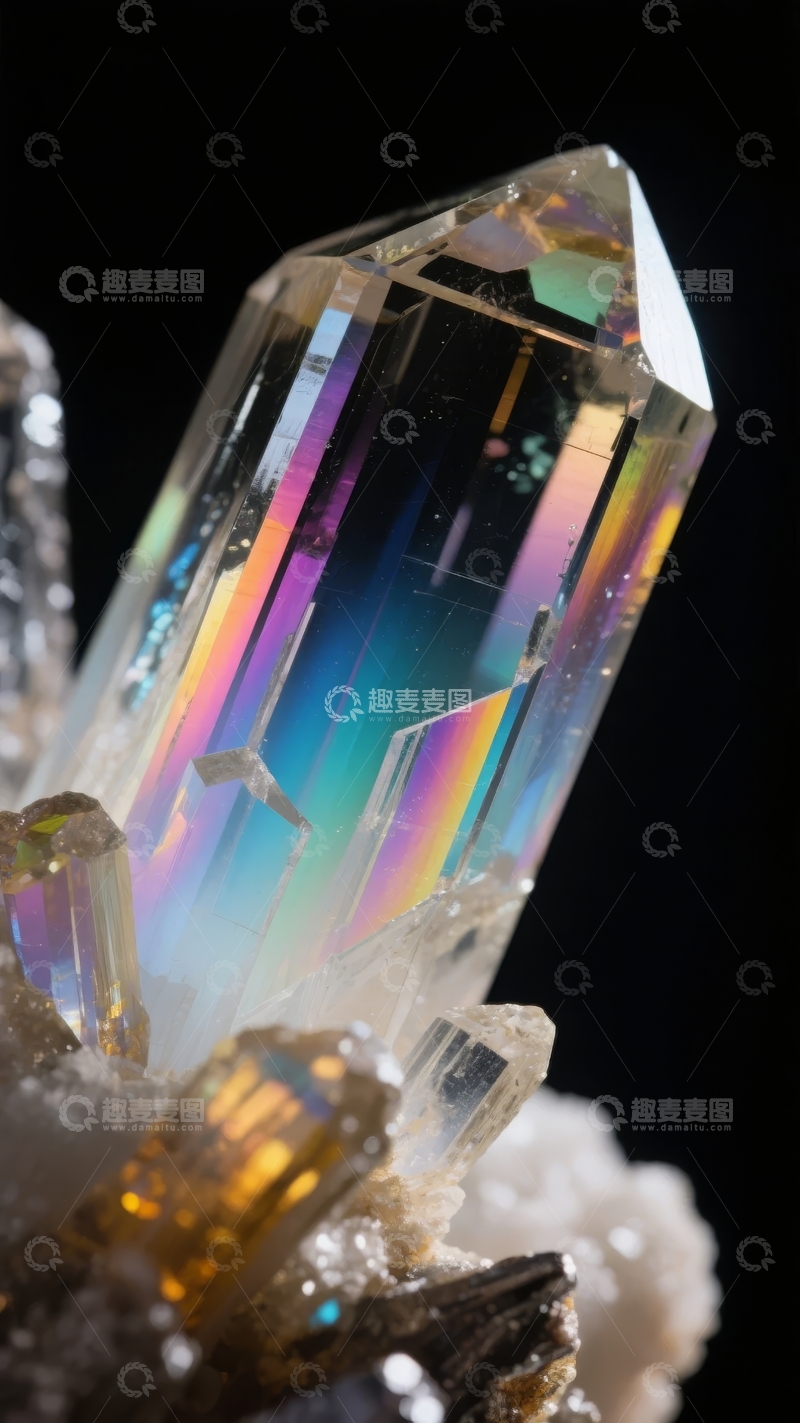 高清大图下载【趣麦麦图】透明水晶晶体在黑暗背景中折射出彩虹光芒