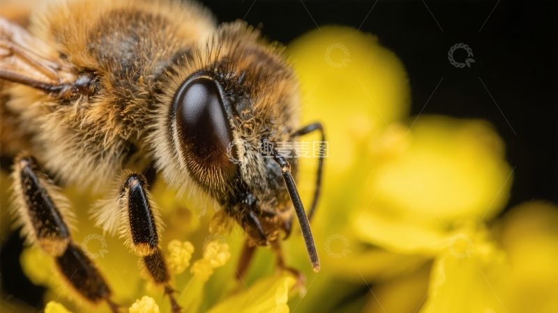 蜜蜂特写镜头聚焦黄色花朵