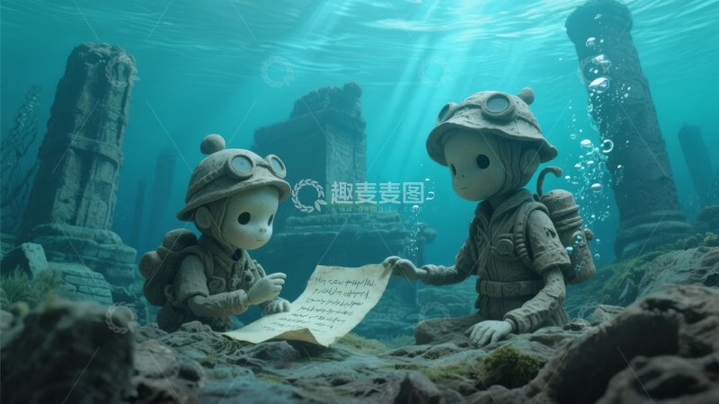 高清大图下载【趣麦麦图】两个潜水者在水下遗迹中查看地图