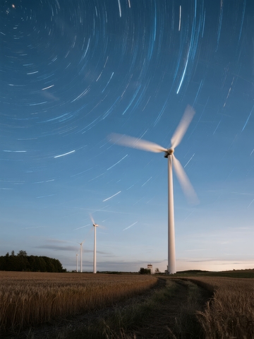 风力发电机与星空轨迹的夜间田野景象