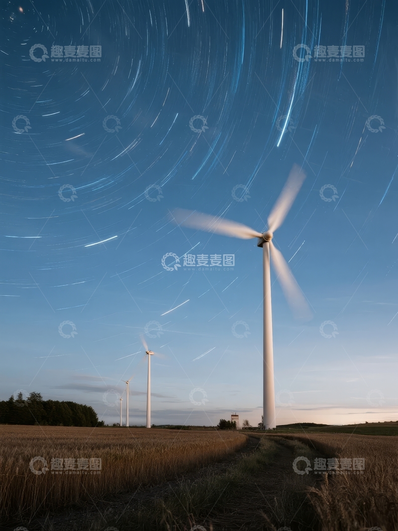 高清大图下载【趣麦麦图】风力发电机与星空轨迹的夜间田野景象