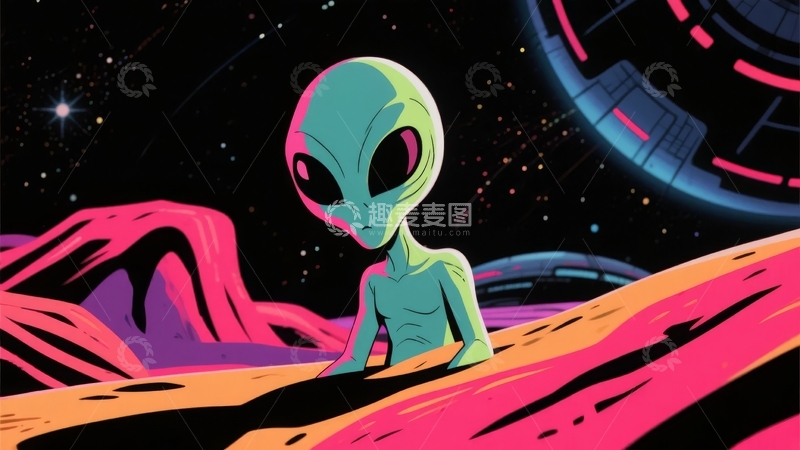 高清大图下载【趣麦麦图】外星人坐在异星地貌上背景是星空和宇宙飞船