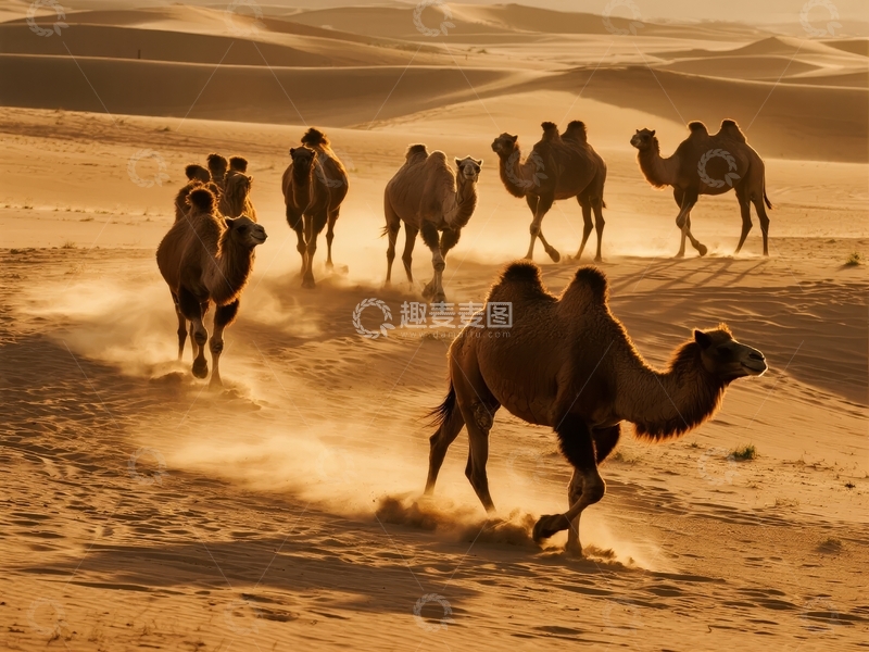 高清大图下载【趣麦麦图】驼队穿越金色沙漠扬起沙尘