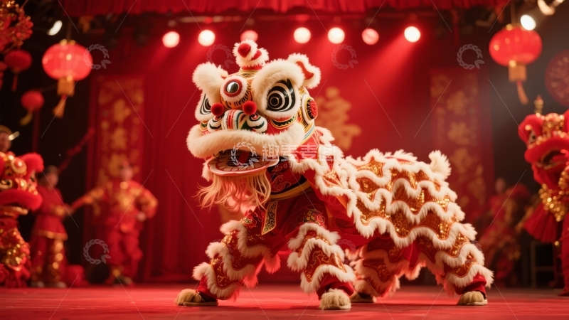 高清大图下载【趣麦麦图】-舞狮表演在红色背景舞台上进行