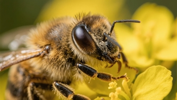 蜜蜂在黄色花朵上采集花蜜的特写镜头